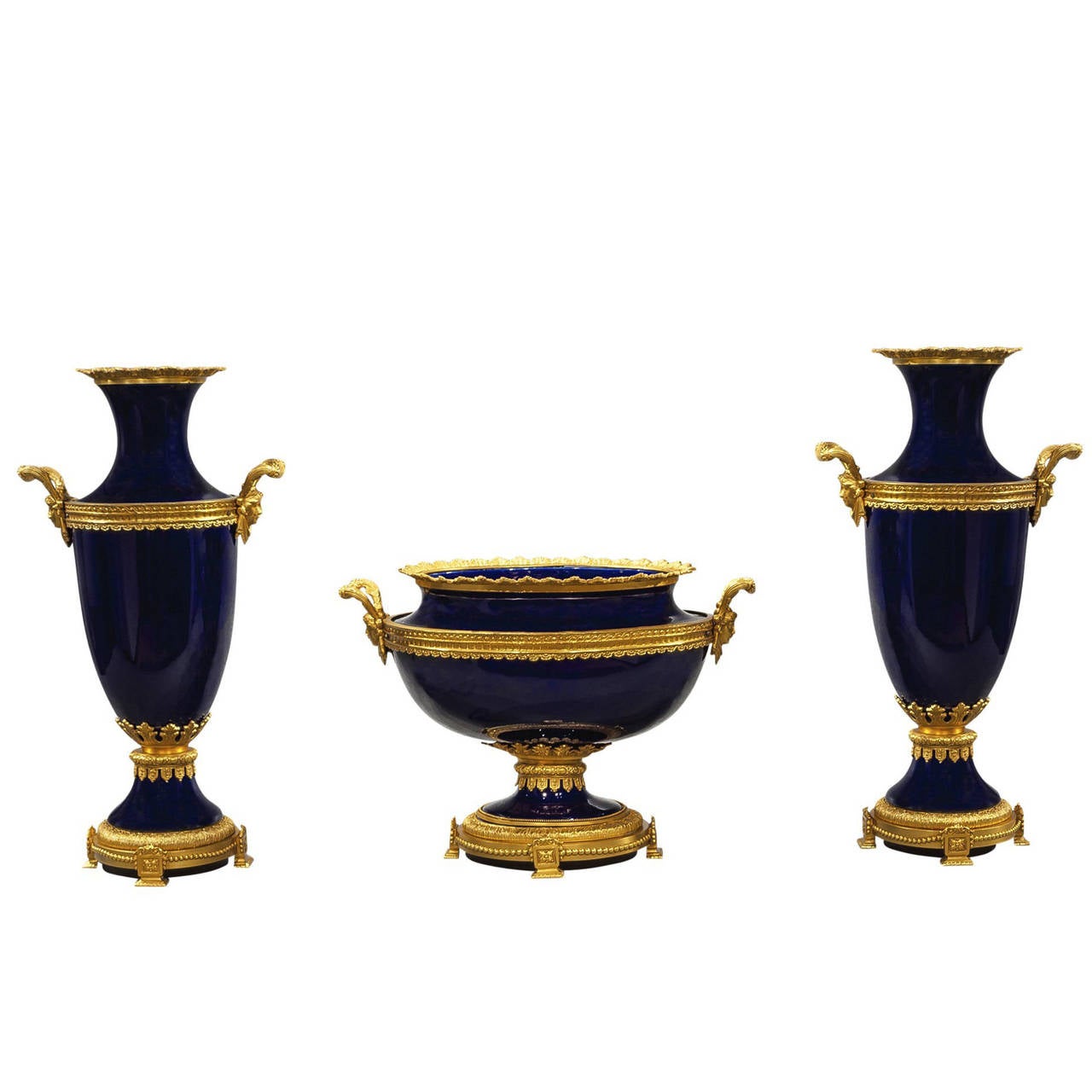 ThreePiece Cobalt Blue Porcelain and Bronze Vase and Centerpiece Set