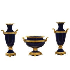 Three-Piece Cobalt Blue Porcelain and Bronze Vase and Centerpiece Set