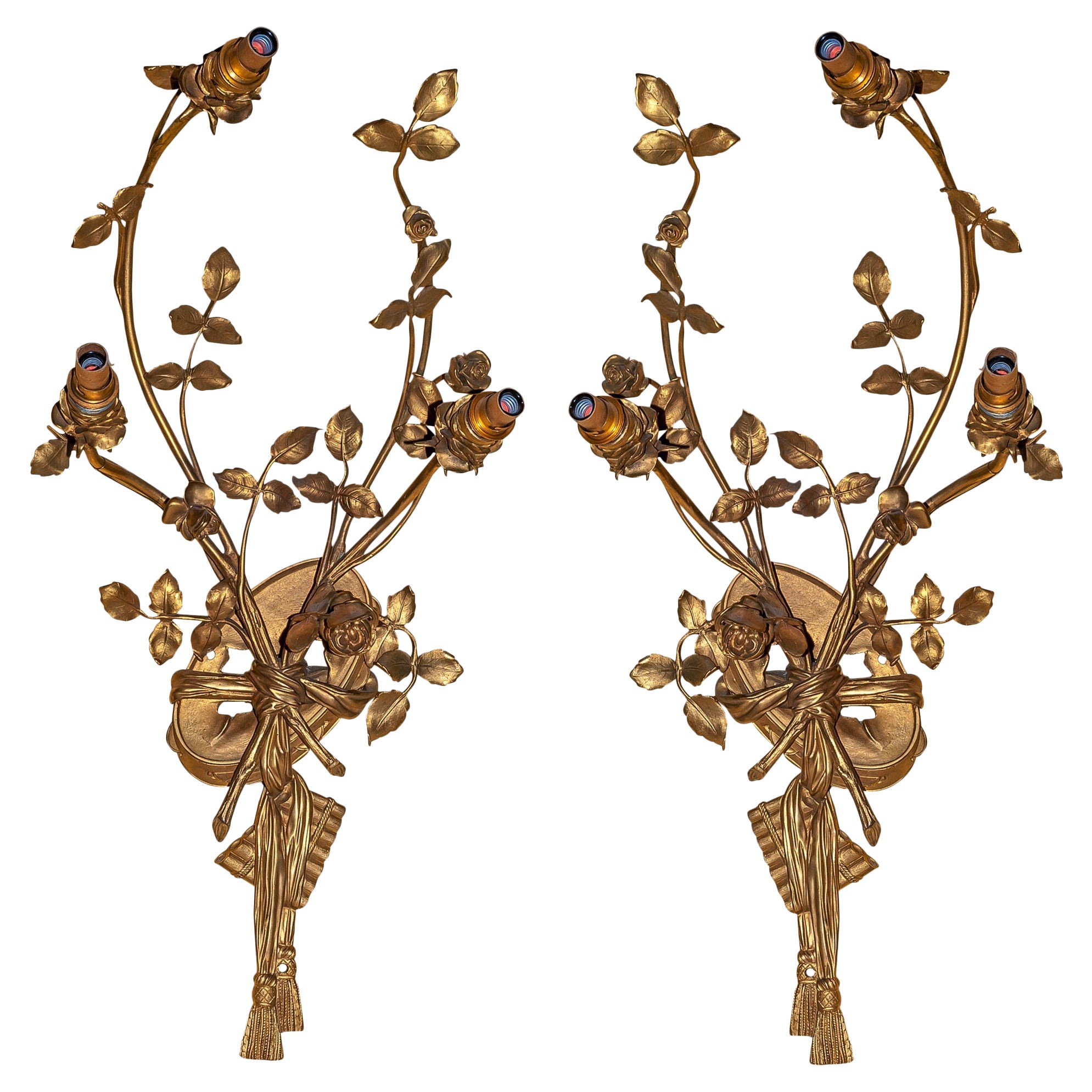 Pair of Louis XV Style Gilt Bronze Musical Motif Wall Light Sconces For Sale