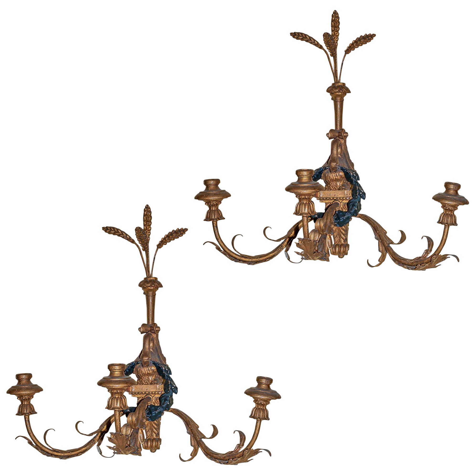 Pair of Giltwood and Tole Three-Arm Wall Light Sconces