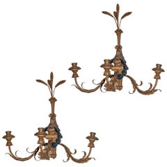 Pair of Giltwood and Tole Three-Arm Wall Light Sconces