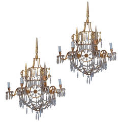 Pair of Russian or Baltic Crystal and Bronze Neoclassical Wall Light Sconces