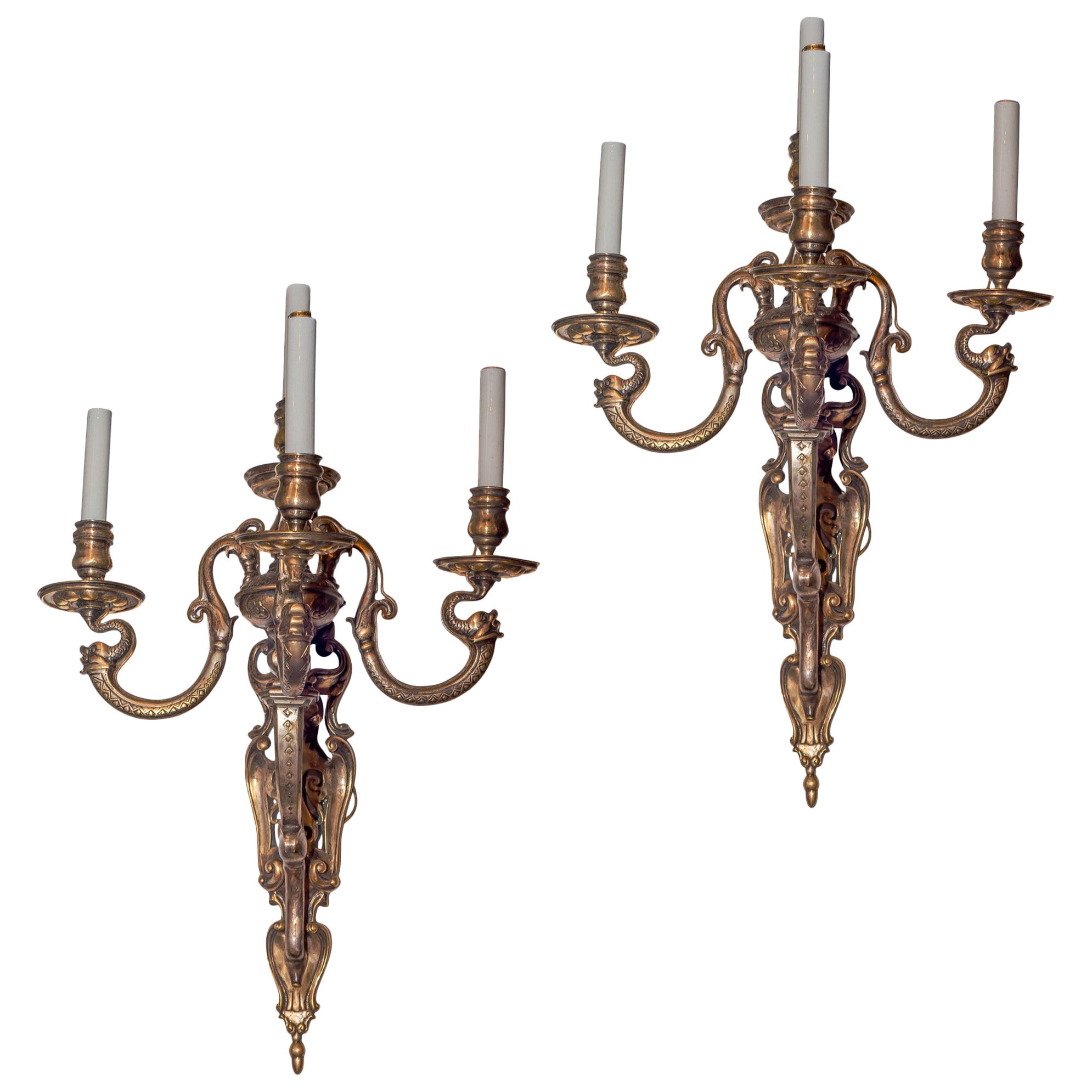 Pair of Antique Silvered Bronze Three-Arm Wall Light Sconces in Moorish Style