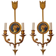 Pair of Empire Style Neoclassical Two-Tone Bronze Two-Arm Wall Light Sconces