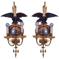 Antique Pair of Gilt Mirrored-Back Eagle Form Two-Arm Wall Light Sconces