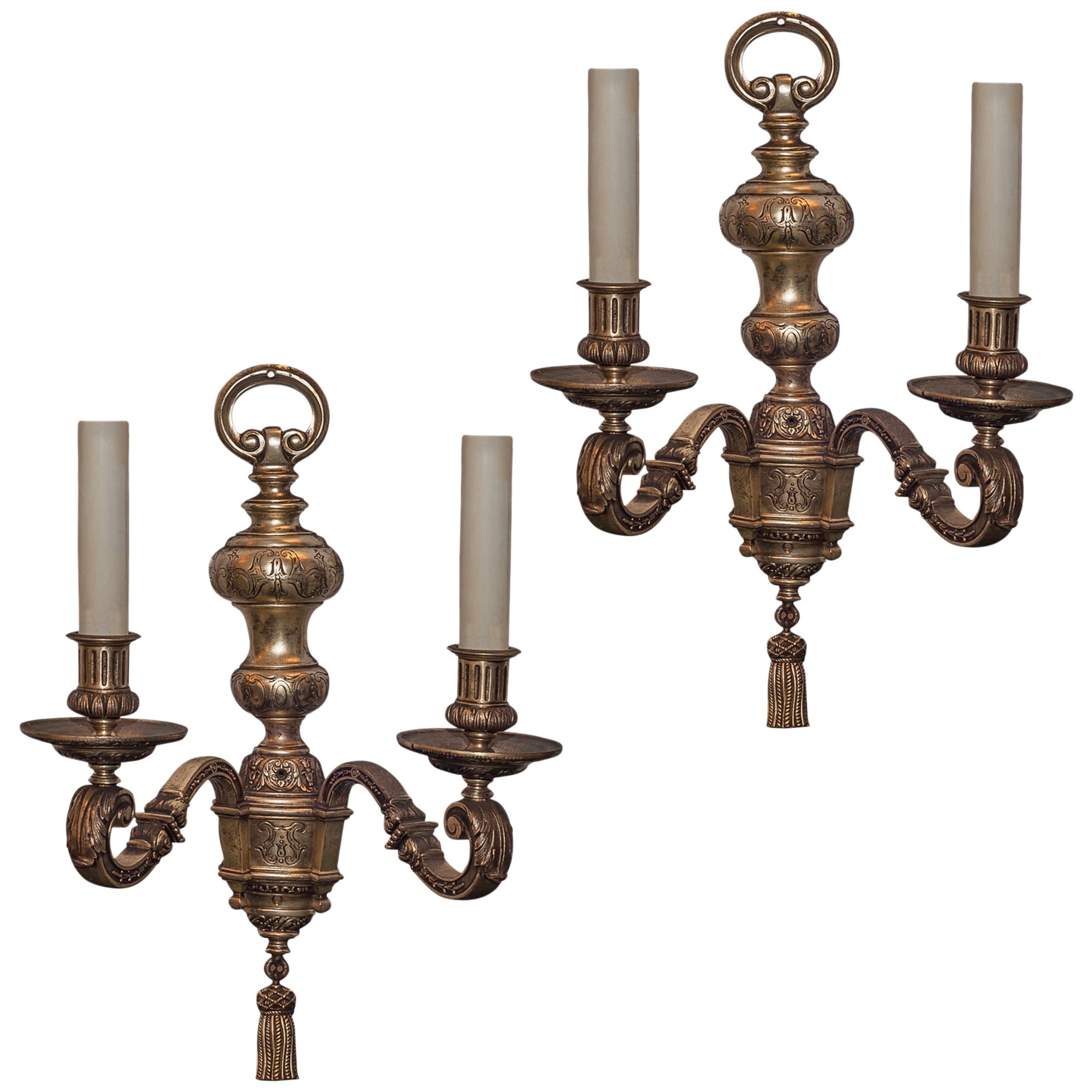 Pair of Silvered Metal Two-Arm Wall Light Sconces Attributed to Caldwell & Co