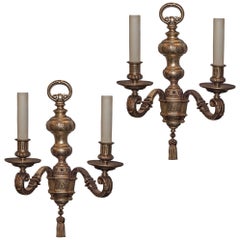 Vintage Pair of Silvered Metal Two-Arm Wall Light Sconces Attributed to Caldwell & Co