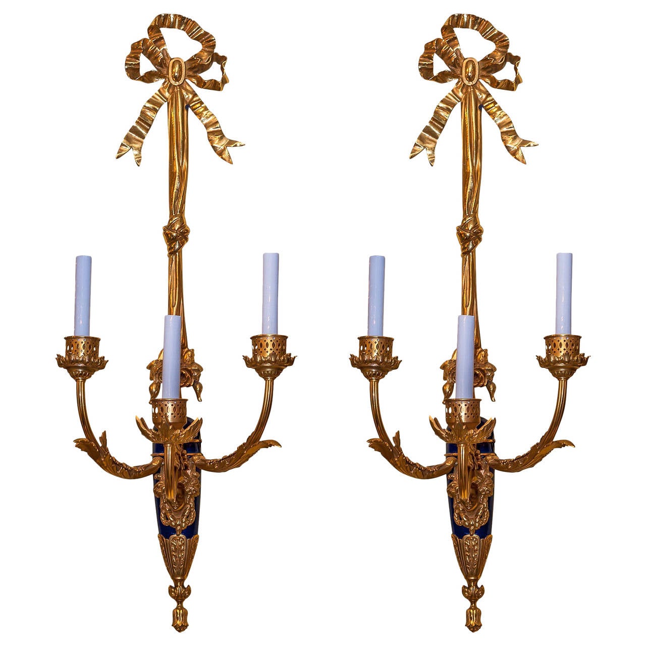 Antique Pair of Gilt Bronze and Blue Three-Arm Wall Light Sconces For Sale at 1stdibs