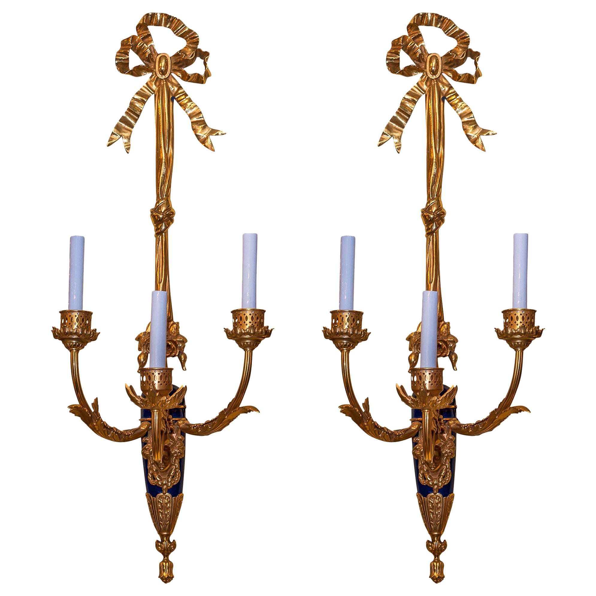 Antique Pair of Gilt Bronze and Blue Three-Arm Wall Light Sconces For Sale