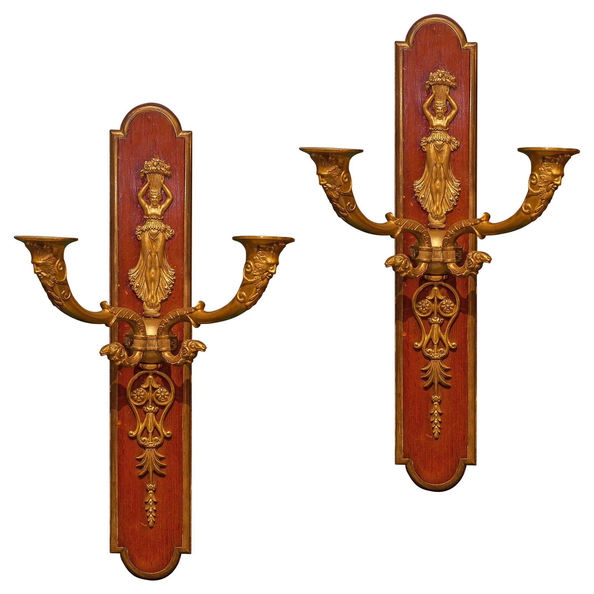 Antique pair of French Gilt Bronze Two-Arm Wall Light Sconces For Sale