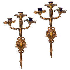 Pair of Antique Gilt Bronze Three-Arm Wall Light Sconces with Ram's Head