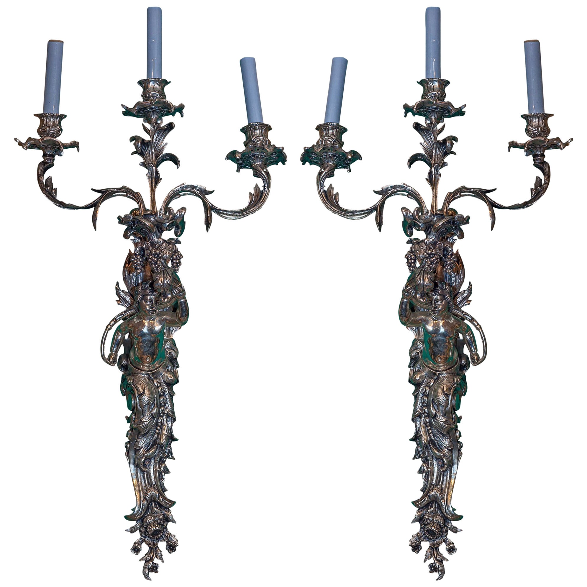 Pair of Silvered Bronze Figural Three-Arm Wall Lights