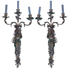 Pair of Silvered Bronze Figural Three-Arm Wall Lights