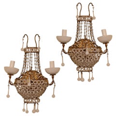 Retro Pair of Venetian Beaded Opaline Two-Arm Wall Lights Sconces