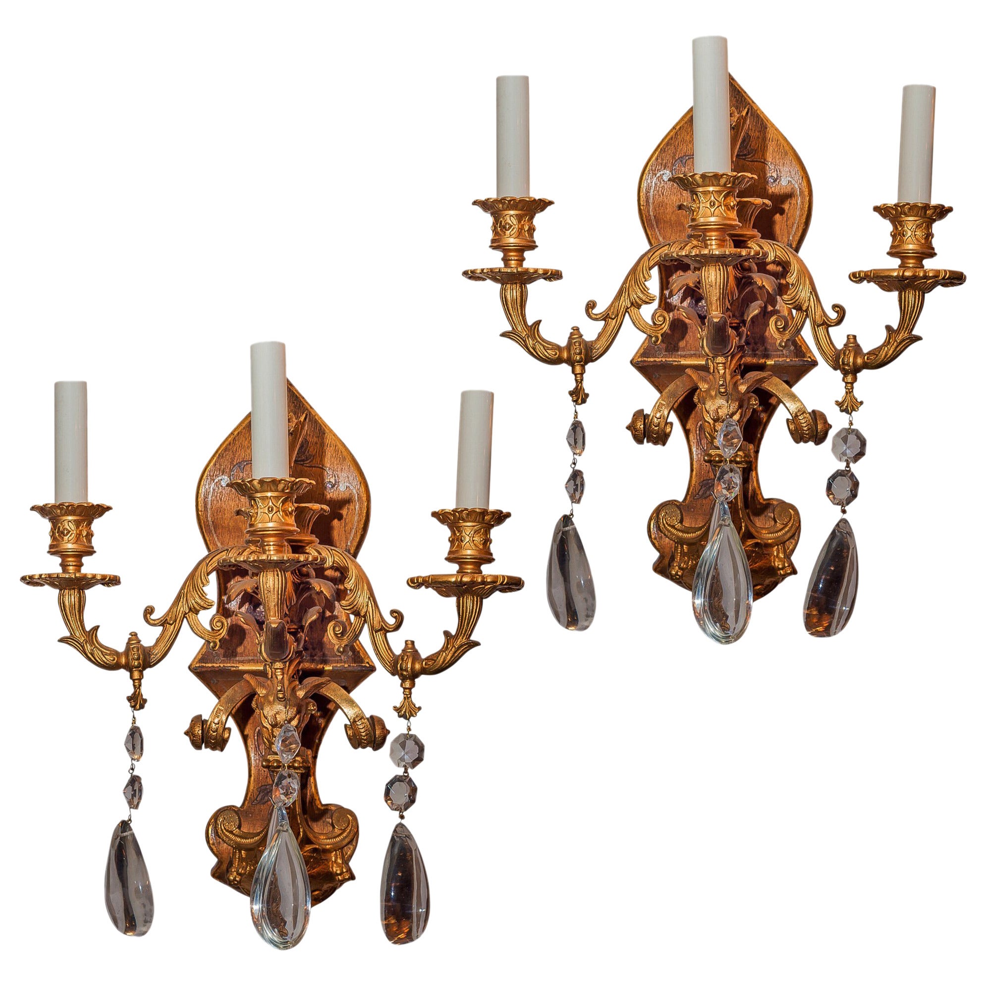 Pair of Gilt Metal Painted Chinoiserie Three-Arm Wall Light Sconces For Sale