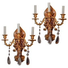 Pair of Gilt Metal Painted Chinoiserie Three-Arm Wall Light Sconces