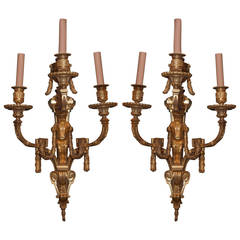 Pair of Gilt Bronze Fgural Louis XVI Style Three-Arm Wall Light Sconces