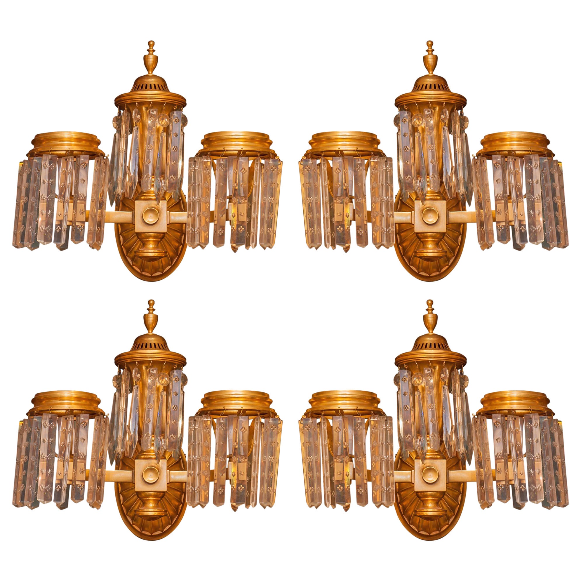 Set of Four Crystal and Bronze Two-Arm Wall Light Sconces