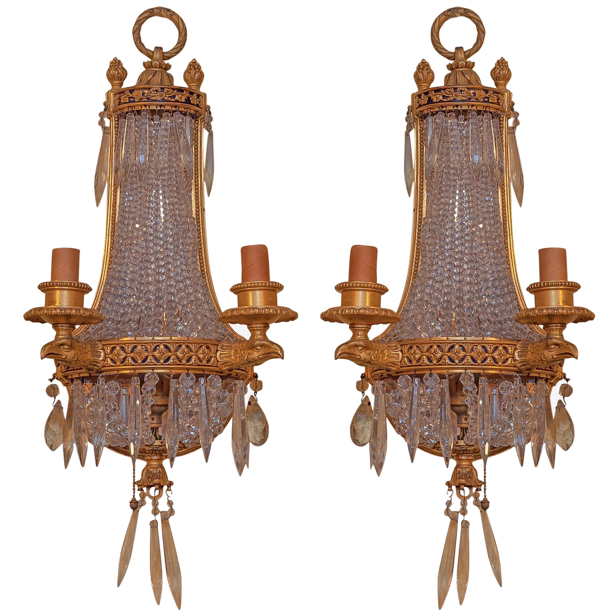 Pair of Crystal and Bronze Two-Arm Eagle Form Wall Light Sconces