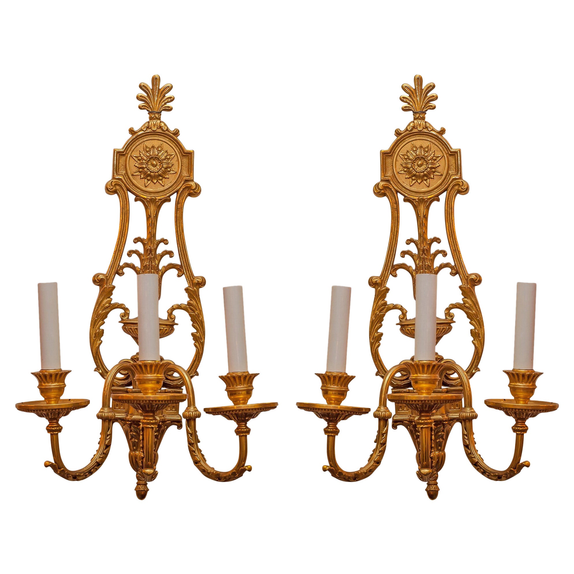 Pair of Gilt Bronze Louis XVI Style Three-Arm Wall Light Sconces For Sale