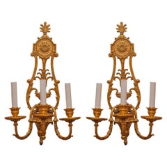 Pair of Gilt Bronze Louis XVI Style Three-Arm Wall Light Sconces