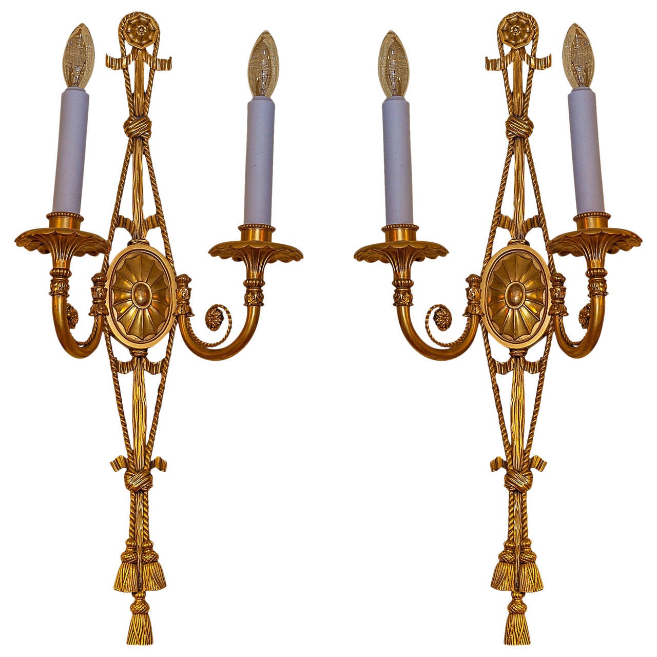 Pair of Adam Style Gilt Bronze Two-Arm Wall Light Sconces For Sale