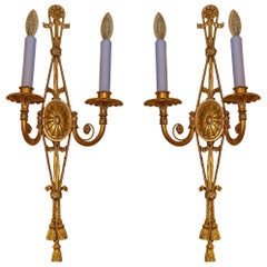 Pair of Adam Style Gilt Bronze Two-Arm Wall Light Sconces