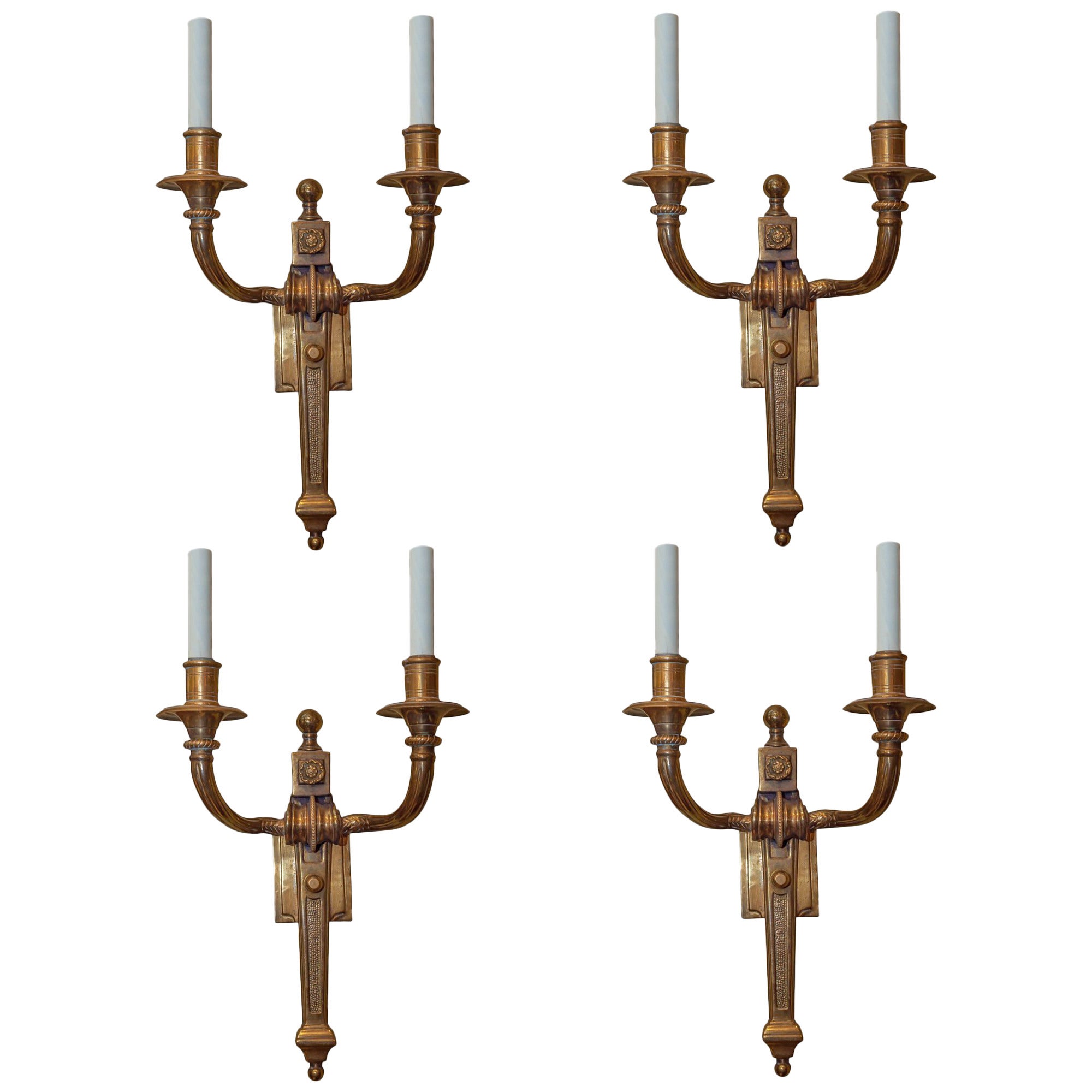 Set of Four Gilt Bronze Neoclassical Two-Arm Wall Light Sconces
