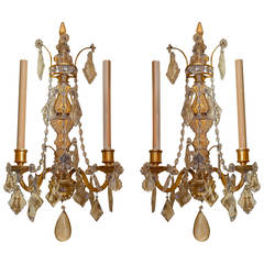 Pair of Two-Arm Crystal and Bronze Wall Light Sconces Attributed to caldwell 7