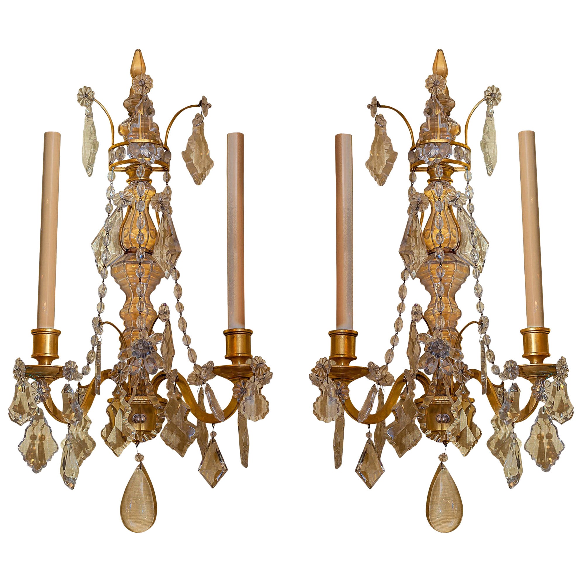 Pair of Two-Arm Crystal and Bronze Wall Light Sconces Attributed to caldwell