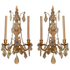 Pair of Two-Arm Crystal and Bronze Wall Light Sconces Attributed to caldwell