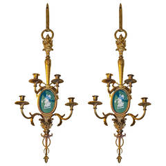 Pair of Neoclassical Louis XVI Style Gilt Bronze Jasper Wall Light Sconces 12