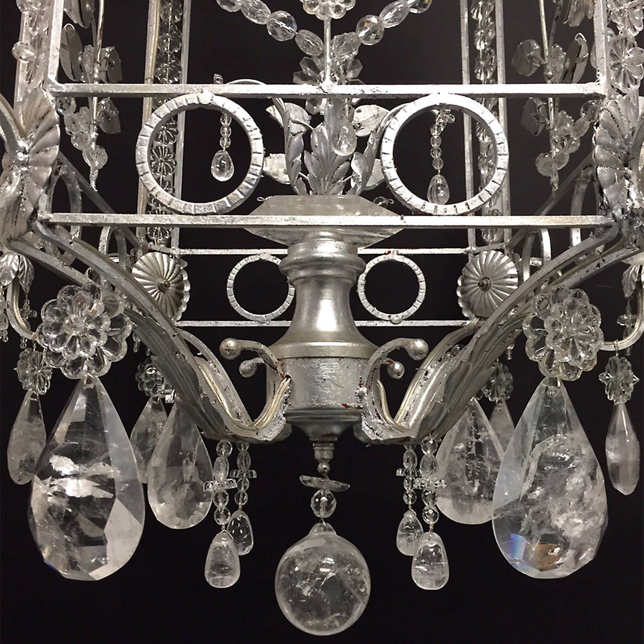 Carved Pair of Rock Crystal and Gilt Metal Silvered Cage Form Eight-Light Chandeliers For Sale