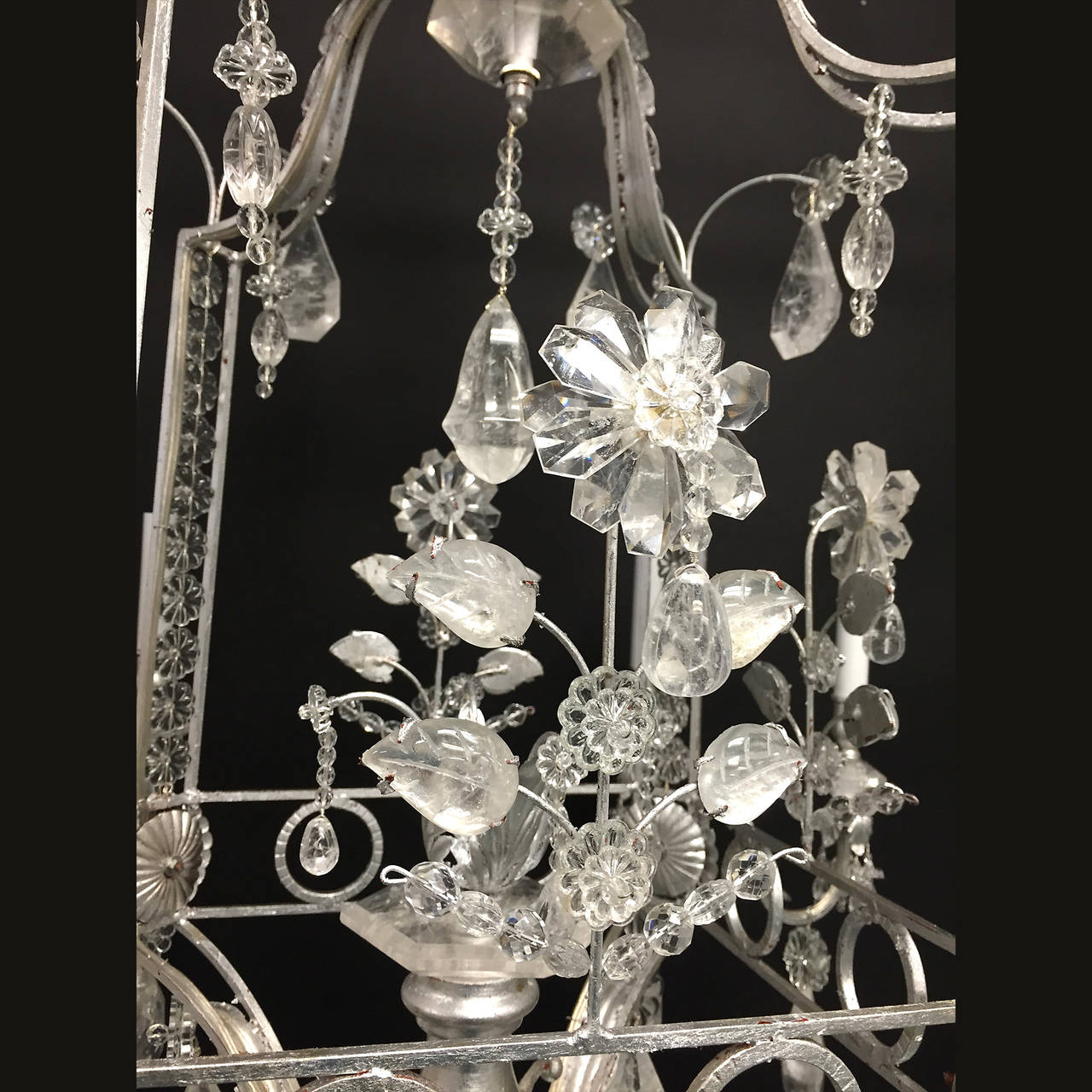 Pair of Rock Crystal and Gilt Metal Silvered Cage Form Eight-Light Chandeliers For Sale 1