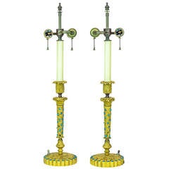 Unusual Pair of Gilt Bronze and Turquoise Empire Style Candlestick Lamps