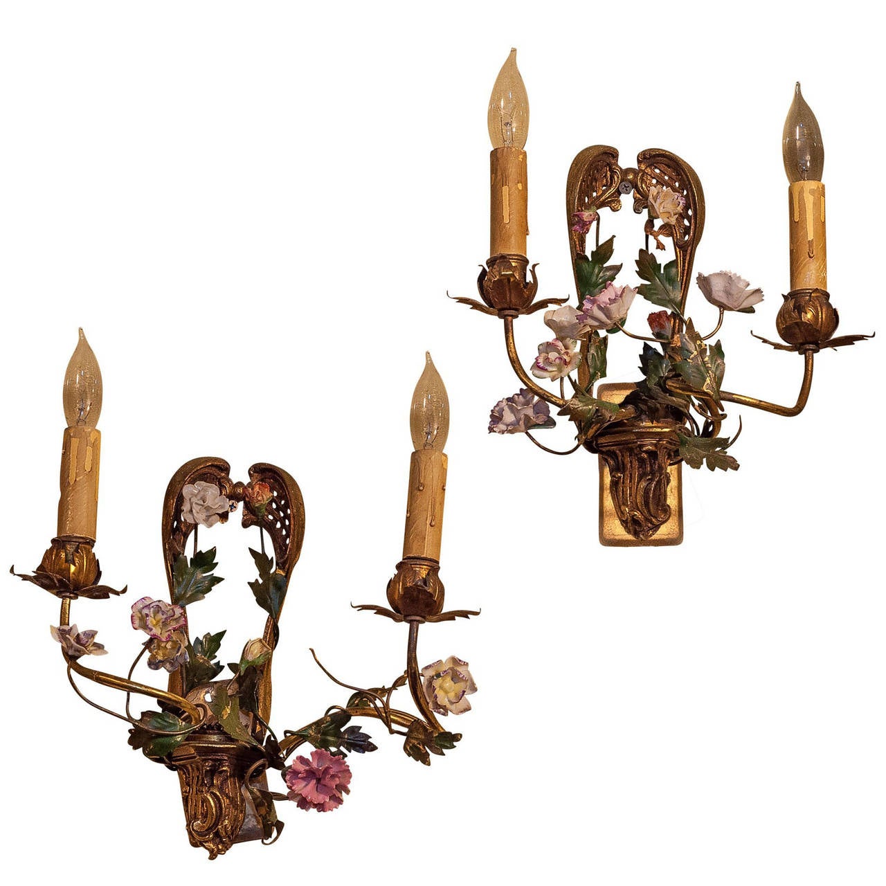 Pair of Bronze and Porcelain Two-Arm Wall Light Sconces at 1stdibs