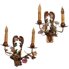 Pair of Bronze and Porcelain Two-Arm Wall Light Sconces