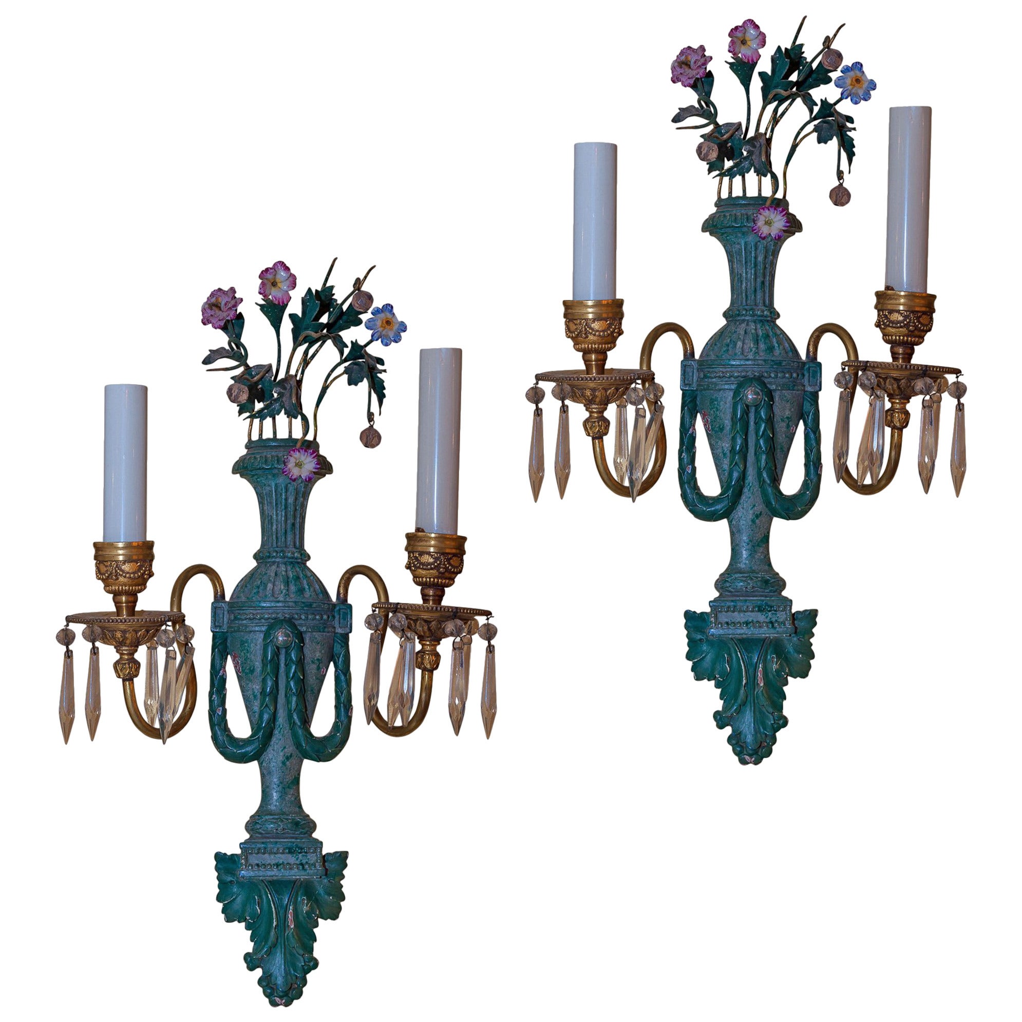 Pair E.F. Caldwell Neoclassical Sconces with Green Patina, circa 1910s