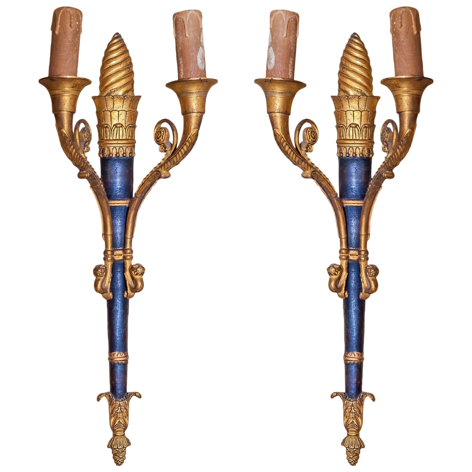 Pair of Gilt and Patinated Bronze Two-Arm Wall Light Sconces