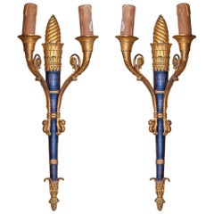 Pair of Gilt and Patinated Bronze Two-Arm Wall Light Sconces