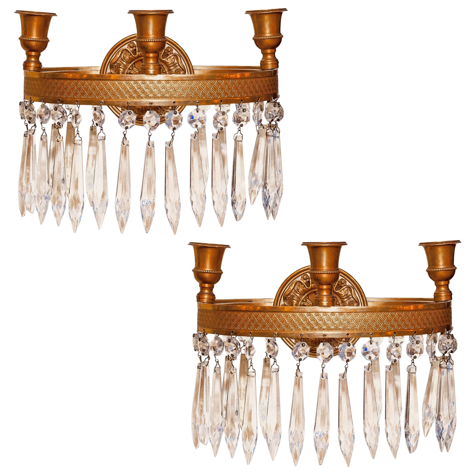 Pair of Antique French Empire Style Bronze and Crystal Wall Sconces For Sale