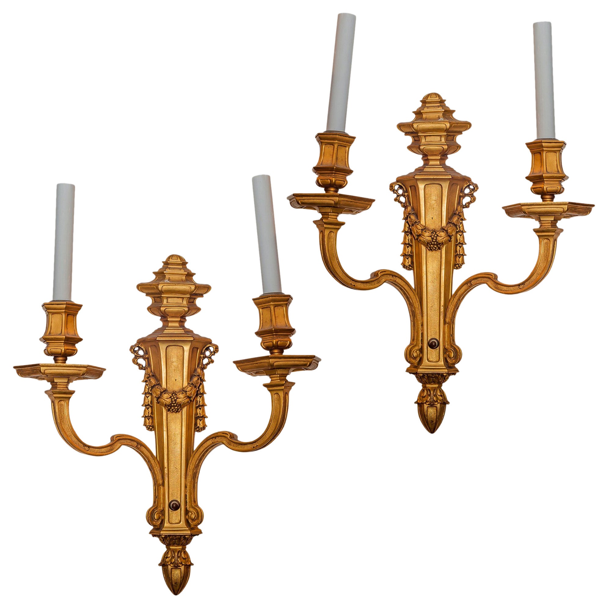 Set of Four Gilt Metal Two-Arm Wall Sconces by Caldwell & Co. For Sale
