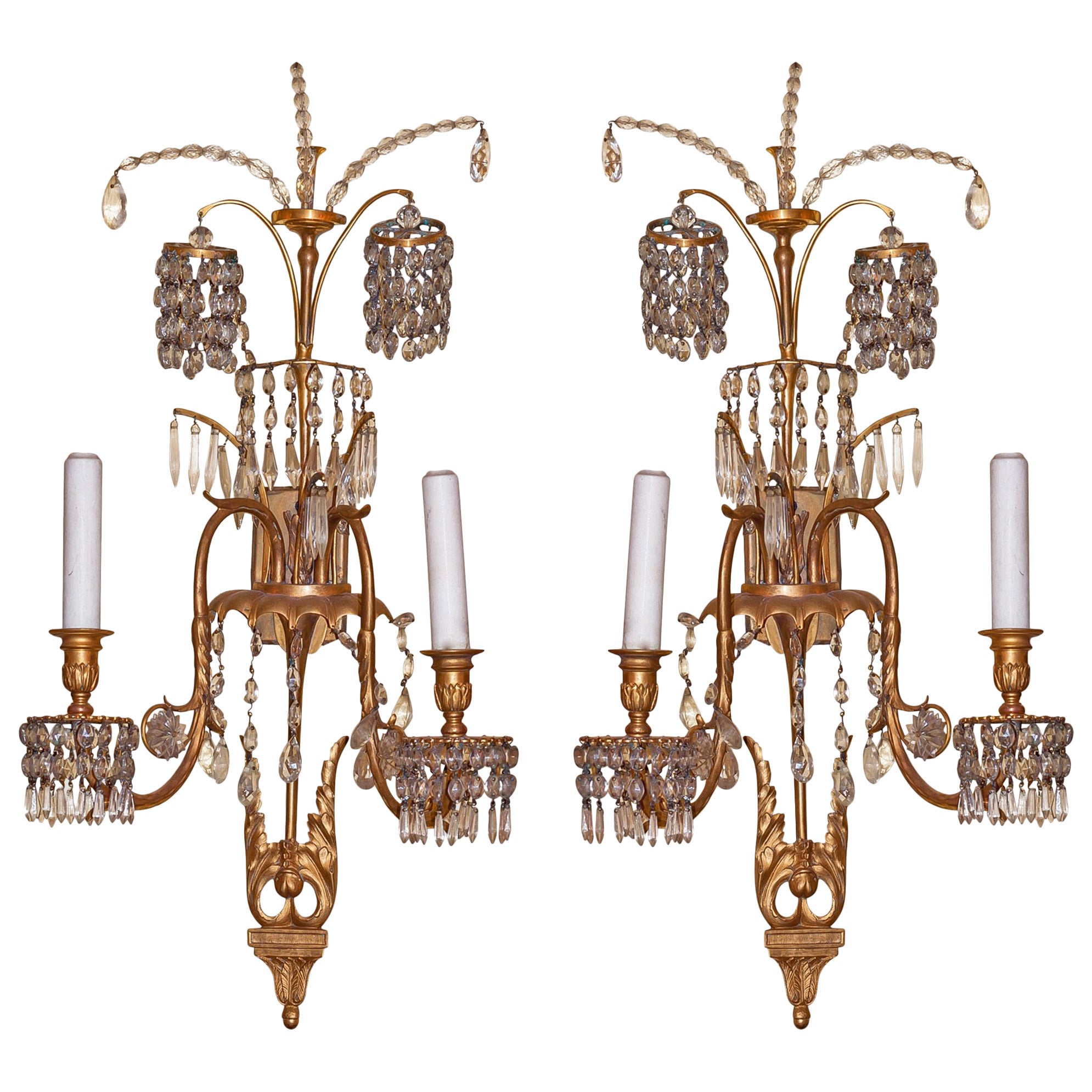 Pair of Baltic or Russian Crystal and Bronze Two-Arm Wall Sconces