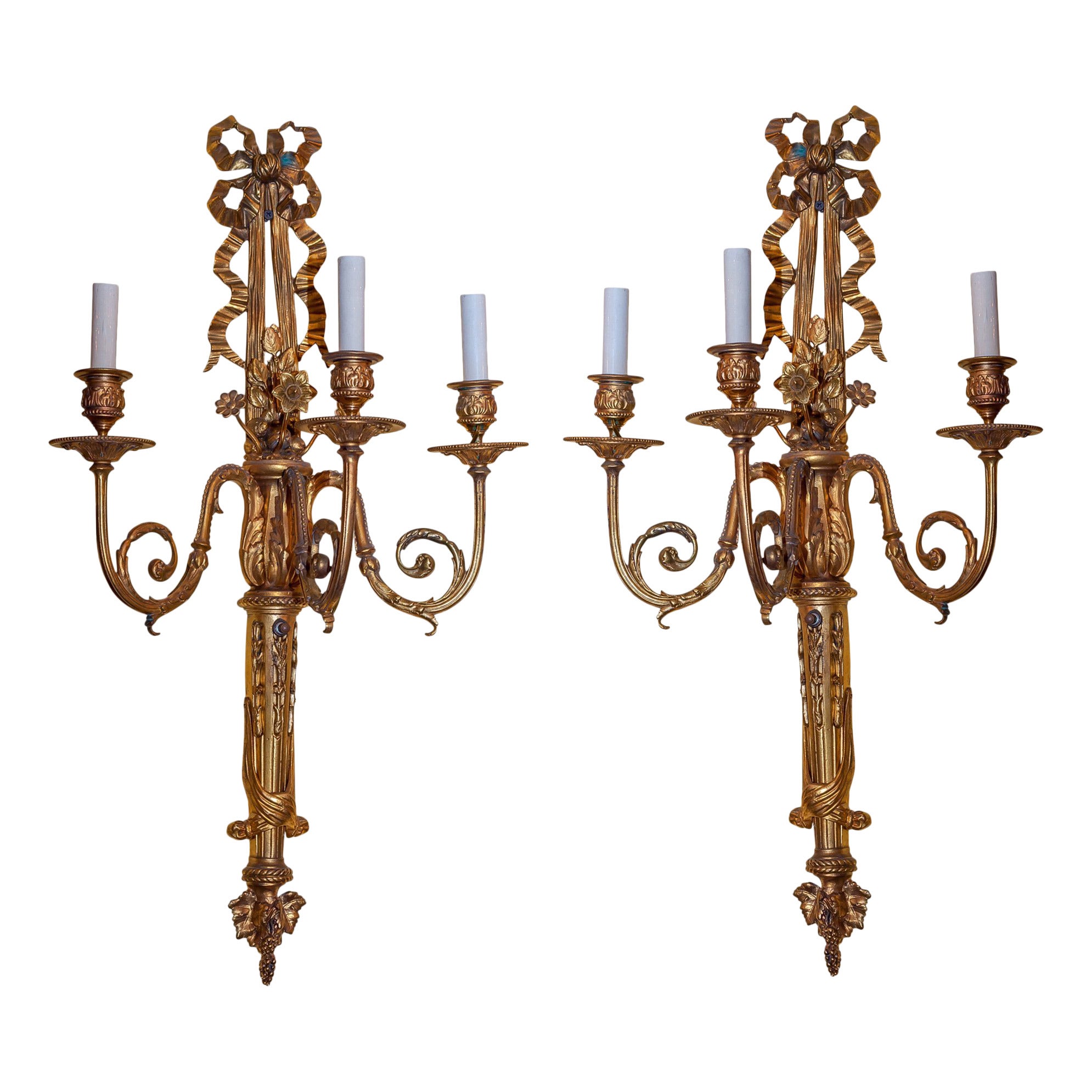 Pair of Gilt Bronze Three-Arm Louis XVI Style Wall Sconces For Sale