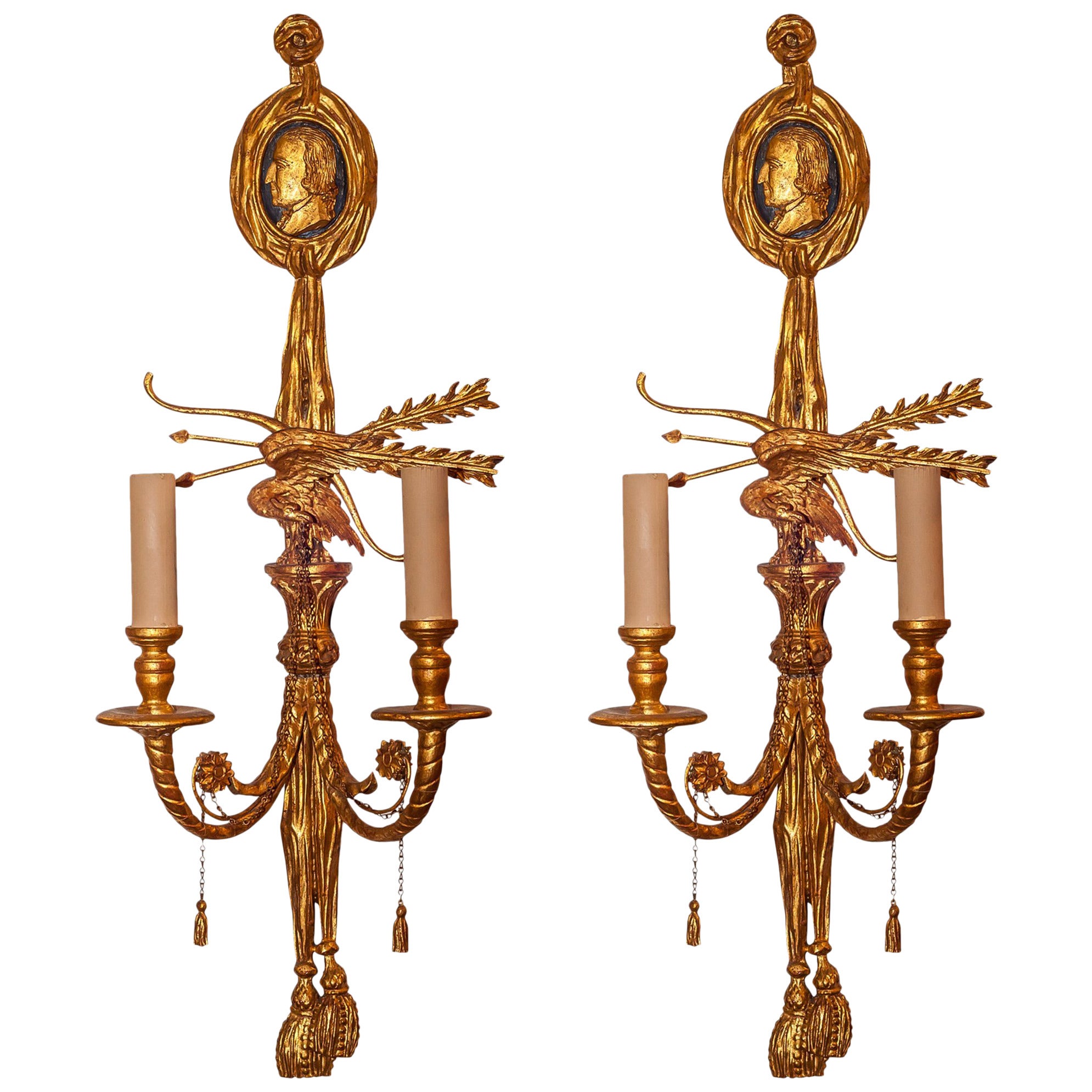 Pair of Two-Arm Neoclassical Giltwood Wall Sconces with Mask Face