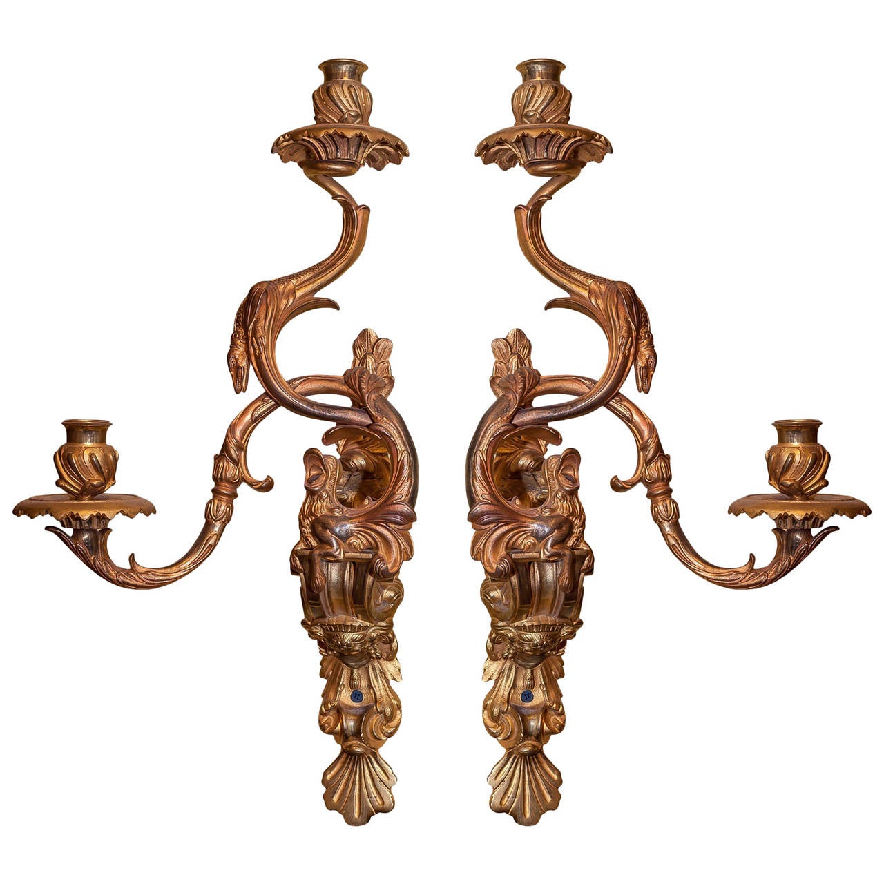 Pair of Antique Louis XV Style Gilt Bronze Figural Two-Arm Wall Light Sconces For Sale