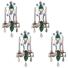 Set of Four Gilt Metal and Crystal Bagues Style Two-Arm Wall Light Sconces
