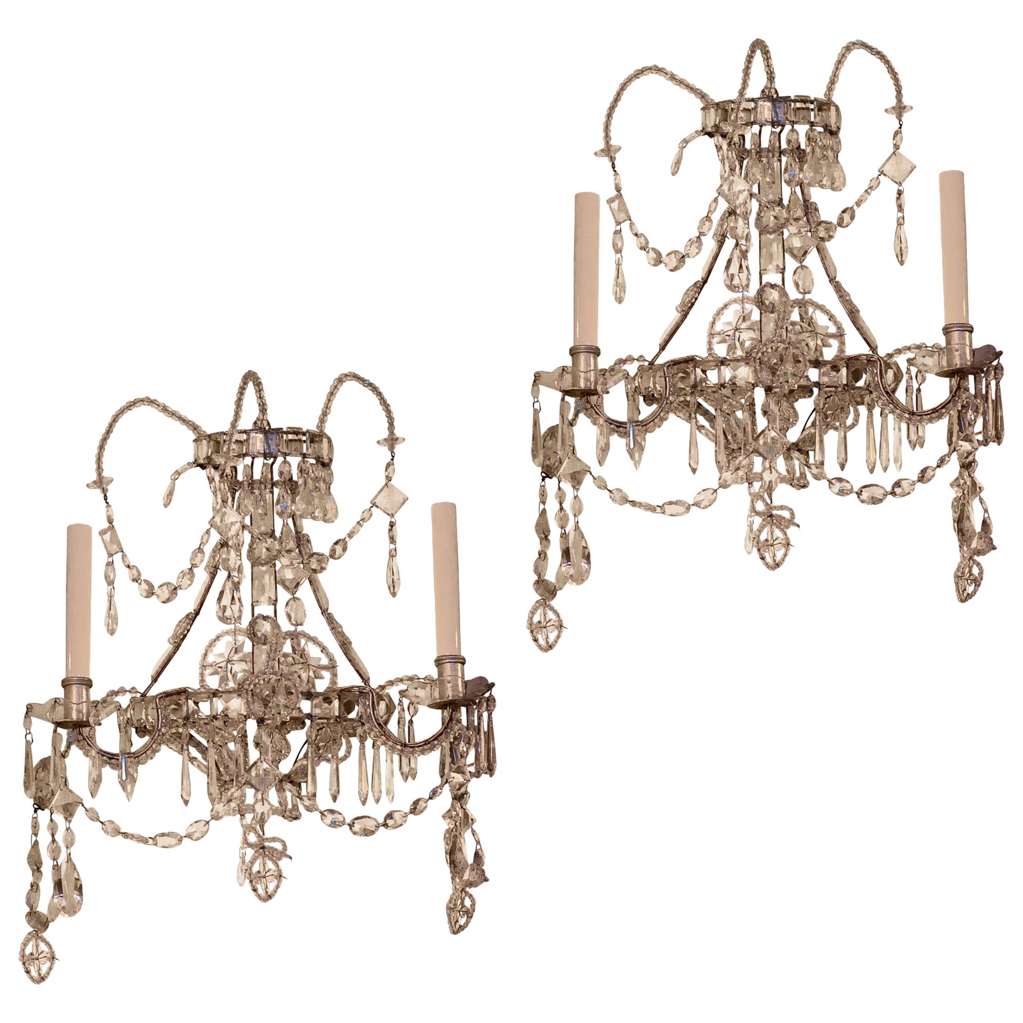 Pair of Venetian Style Crystal and Silvered Metal Wall Light Sconces