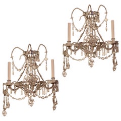 Pair of Venetian Style Crystal and Silvered Metal Wall Light Sconces