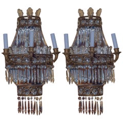 Pair of Cascade Form Gilt Bronze and Crystal Wall Light Sconces